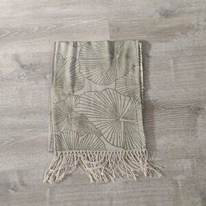 Elegant Ginkgo Leaf Print Scarf - Beige & Black Botanical Fringe Wrap